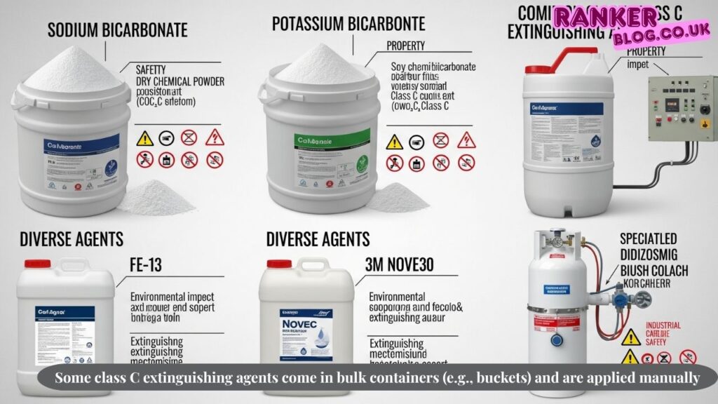 Some class C extinguishing agents come in bulk containers (e.g., buckets) and are applied manually